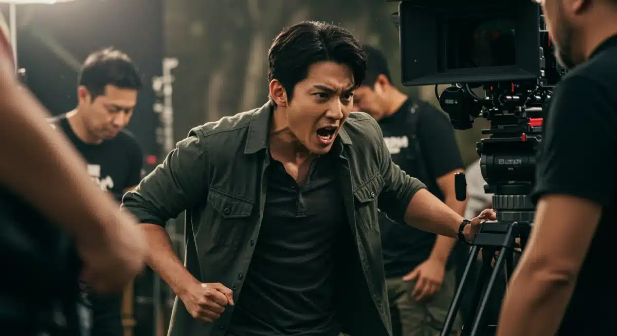 Asian actor on set, focused, embodying a lead role with crew and cameras surrounding him.
