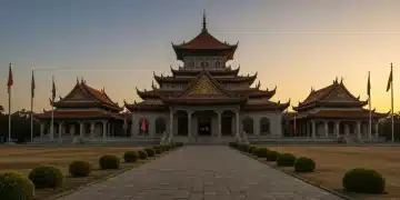 Ancient Asian palace at dawn, golden light, grand architecture, traditional flags, historical setting