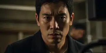 Intense Asian actor portrayal through method acting, capturing deep emotion and character immersion.