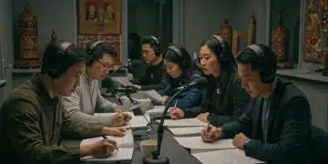 Asian actors diligently practicing accents for bilingual drama roles in 2024
