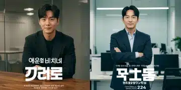 Two Asian actors, a Korean man and a Japanese woman, smiling confidently in front of their new production company logos.