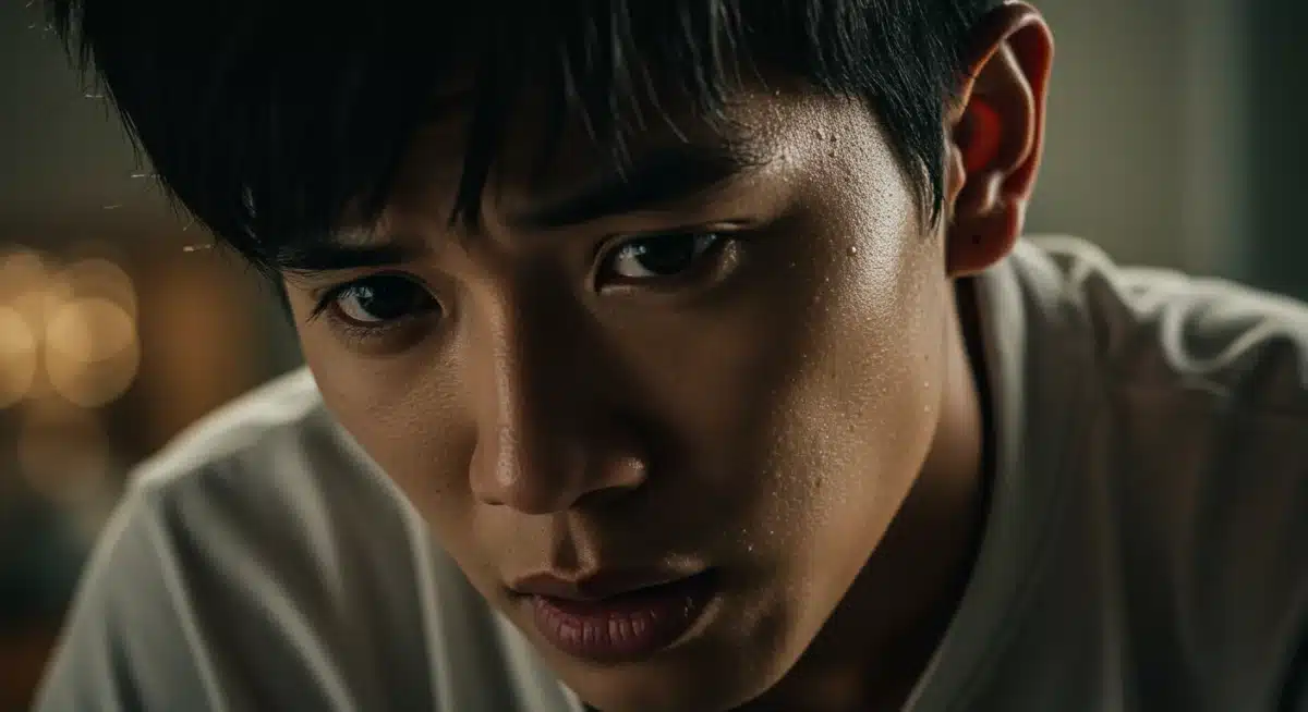 Young Asian actor delivering a powerful, emotional performance on screen, showcasing their acting prowess