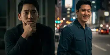 Two Asian actors, one in a serious drama scene, the other smiling in a city, representing their lead role success.