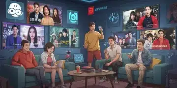 Diverse viewers enjoying Asian dramas on multiple futuristic streaming platforms