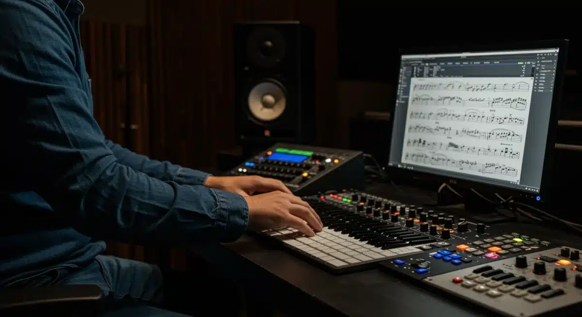 Composer working on an innovative orchestral score in a modern studio