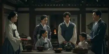 Modern Korean family in a contemporary setting, subtly showing Confucian values and respect through interactions.