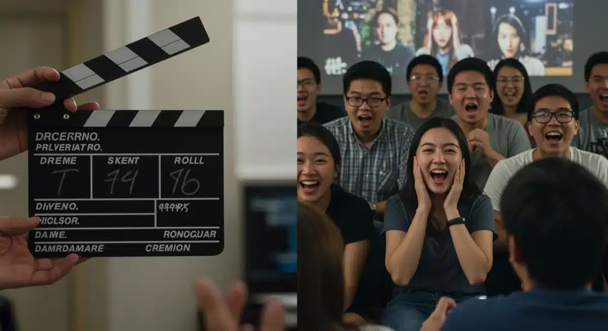 Director's clapperboard and US audience enjoying Asian drama, representing critical acclaim and popularity.