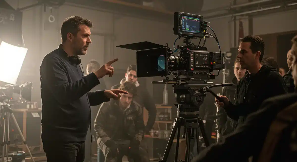 Director on set overseeing a dramatic scene, demonstrating creative leadership