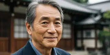Distinguished Japanese actor smiling, representing enduring career