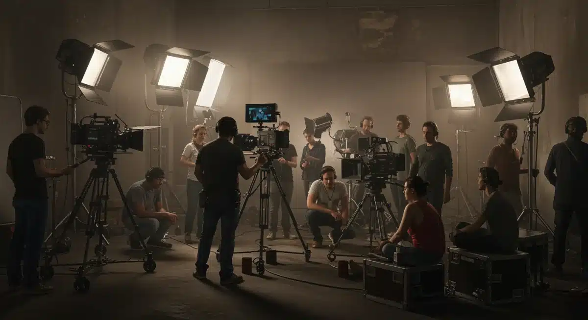 Film crew actively working on a production set, symbolizing the creative process of a new company.