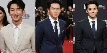 Three rising Asian drama actors smiling confidently, symbolizing their potential for major awards in 2025