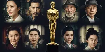 Golden awards statue with blurred background of diverse Asian drama scenes
