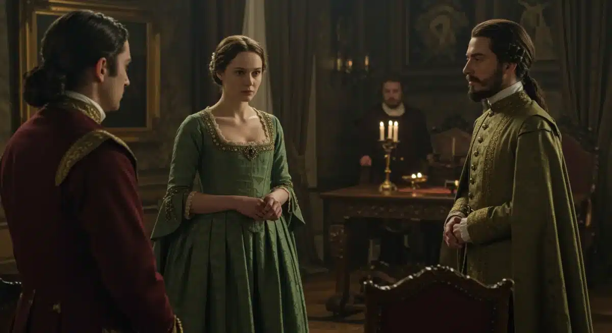 Actors in period costumes on historical drama set, intricate props, serious dialogue, political intrigue