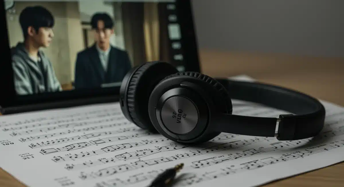 Headphones on a musical score, tablet showing K-drama, illustrating immersive OST experience