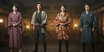 Four J-drama actors in historical costumes demonstrating dedication to roles