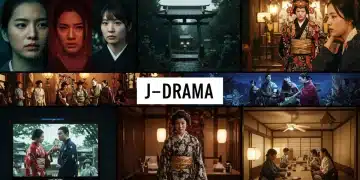 Diverse J-Drama genres, psychological thriller, historical fantasy, and slice-of-life, gaining popularity in US streaming market in 2025, with modern viewing elements.