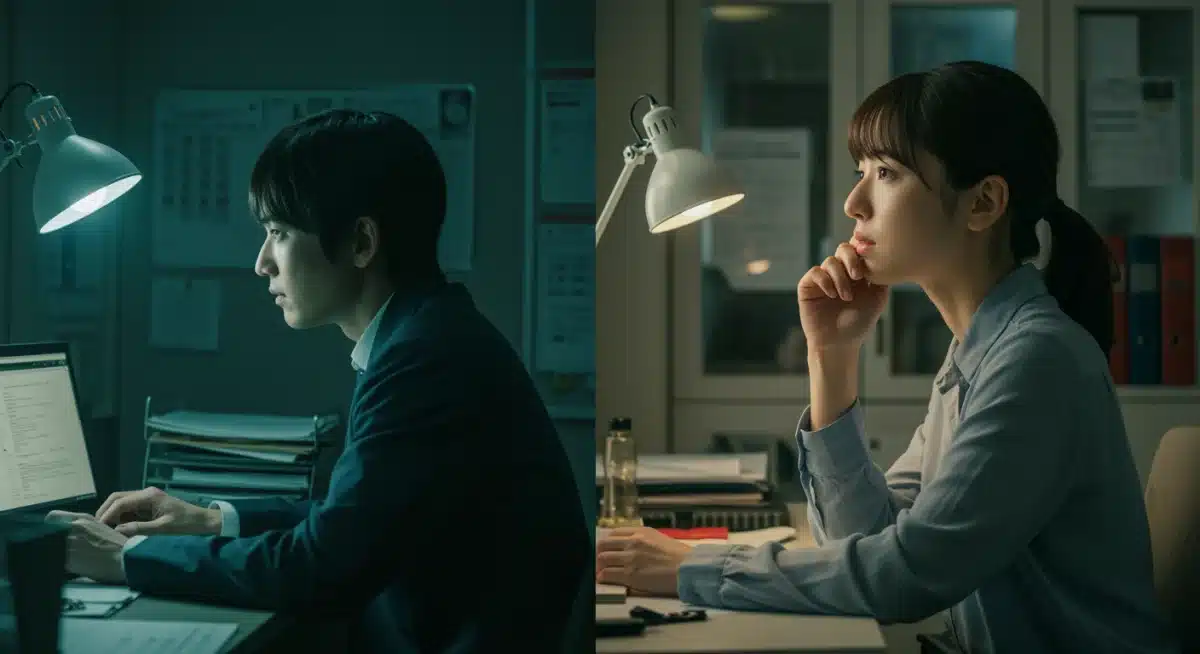 J-drama character working late contrasted with work-life balance