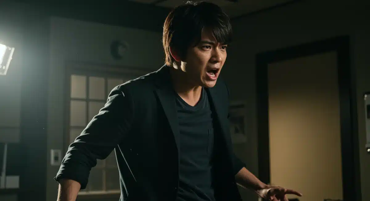 Japanese actor performing a dramatic scene on set