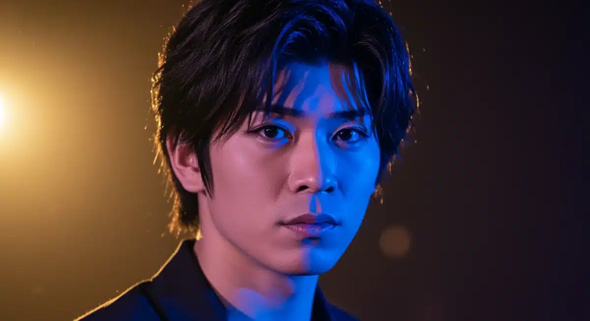 Japanese actor's face illuminated by stage and screen lighting