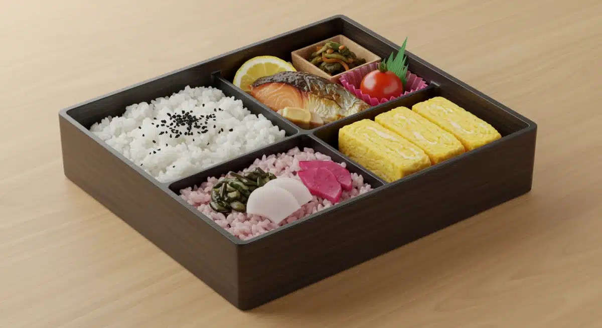 Artfully arranged Japanese bento box with rice, fish, vegetables, and egg, symbolizing care and balance.