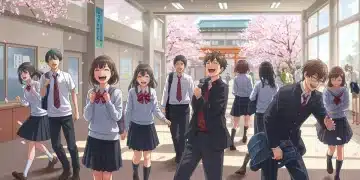 Japanese high school students in uniforms laughing in a modern school hallway with cherry blossoms outside, representing J-drama school life and cultural impact.