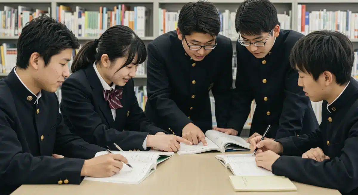 Japanese high school students studying together in a modern school library, symbolizing academic pressure and collaboration in J-dramas.