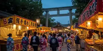 Vibrant Japanese summer festival with people in yukata and glowing lanterns