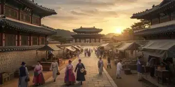 Joseon dynasty market scene with people in traditional hanbok
