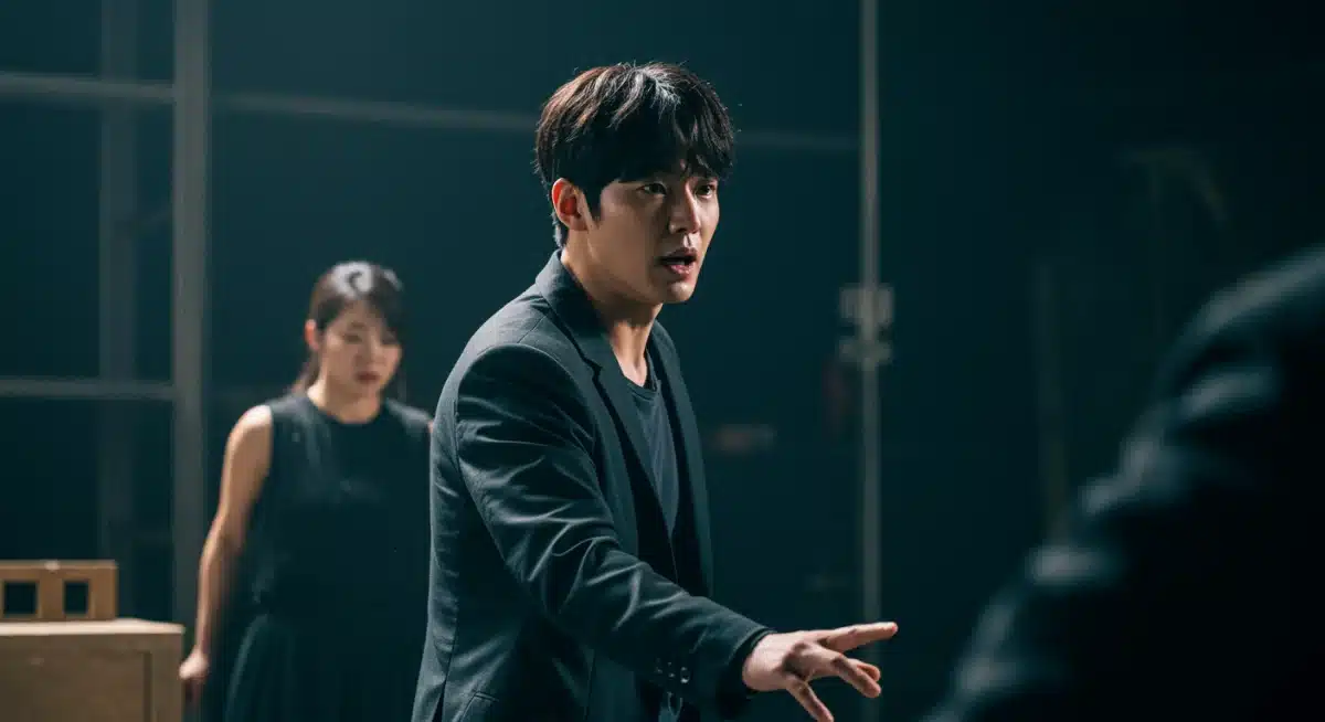 K-drama actor in character, intense focus and subtle body language on set