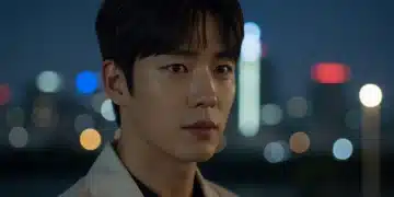 Charismatic K-drama actor's expressive eyes, modern cityscape background