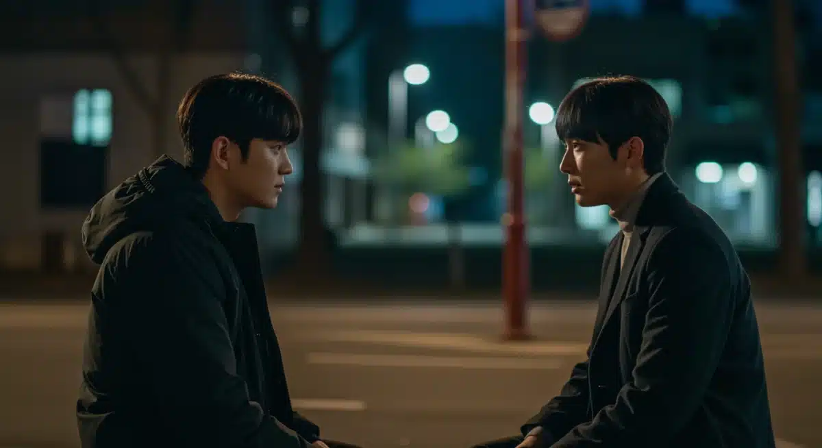 Two K-Drama characters in an intense emotional scene in an urban setting.