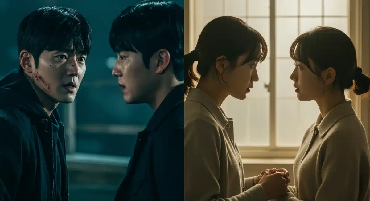 Split image showing contrasting scenes from a K-drama thriller and a K-drama romance, highlighting genre diversity.