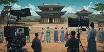 Modern K-drama production overlapping with traditional Joseon Dynasty setting, illustrating historical accuracy debate.