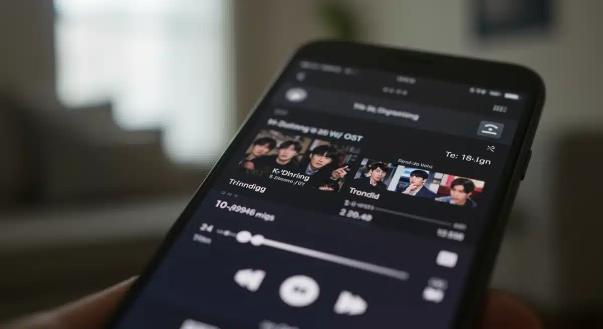 Smartphone displaying K-drama OST on streaming app with high play count