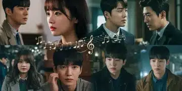 Iconic K-drama scenes merging with musical elements, symbolizing the impact of soundtracks