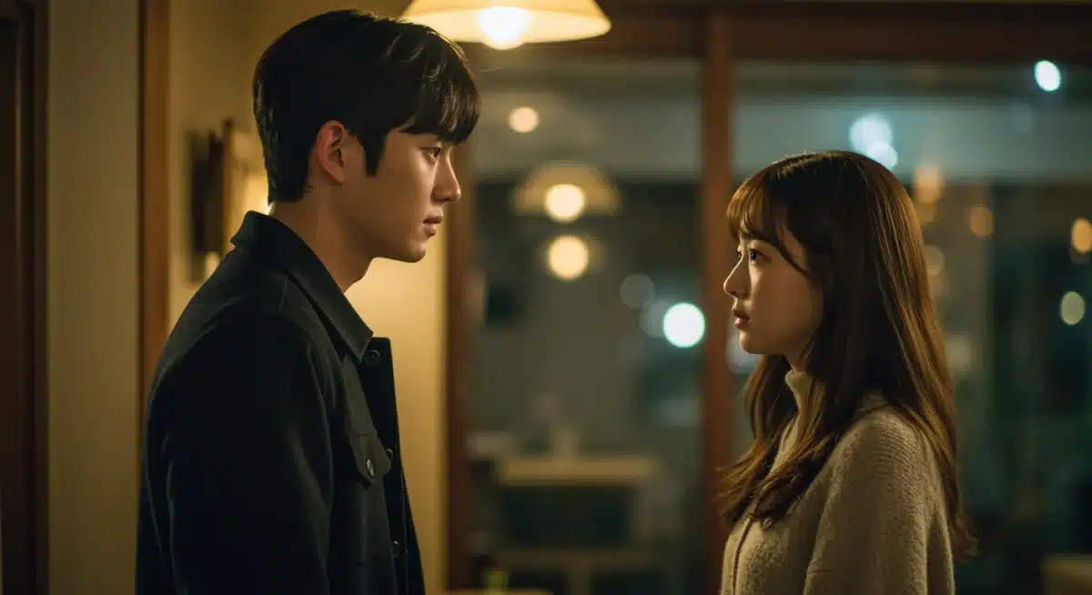 Two K-drama leads sharing a poignant moment in a warmly lit cafe.
