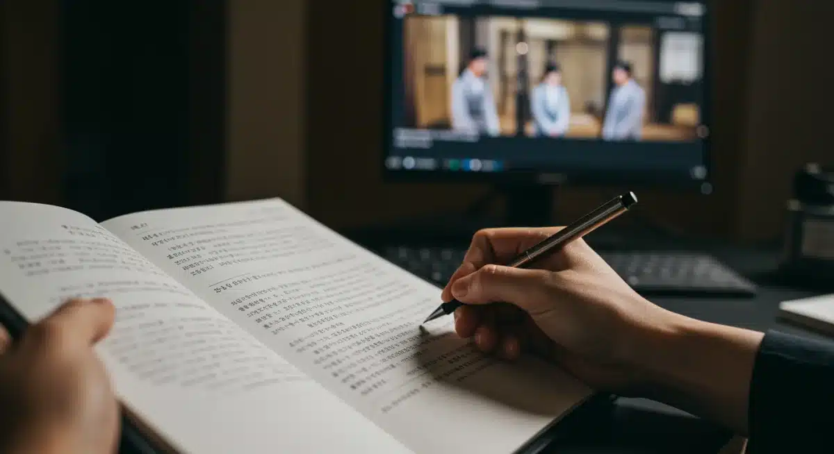 Behind-the-scenes look at a K-drama production, with a script and monitor showing a historical drama scene.