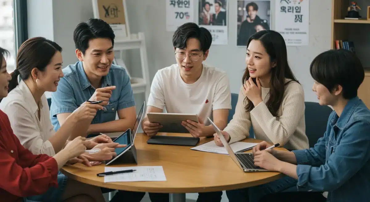 Diverse group discussing K-drama reviews, symbolizing evolving critical discourse and online engagement.