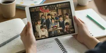 Person reviewing K-drama on tablet with notes, symbolizing objective evaluation