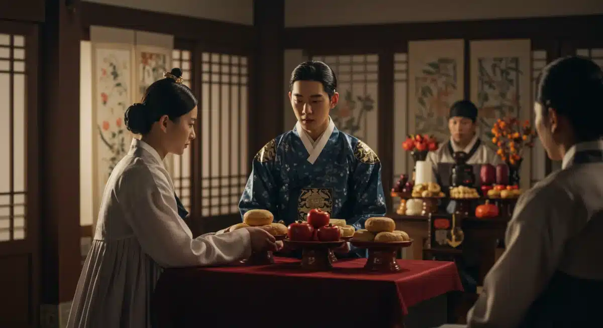 K-drama character performing a traditional Korean ritual or consulting a fortune teller
