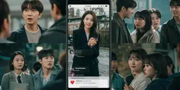 Dynamic collage of K-Drama scenes with a viral review on a smartphone screen, symbolizing modern content trends.