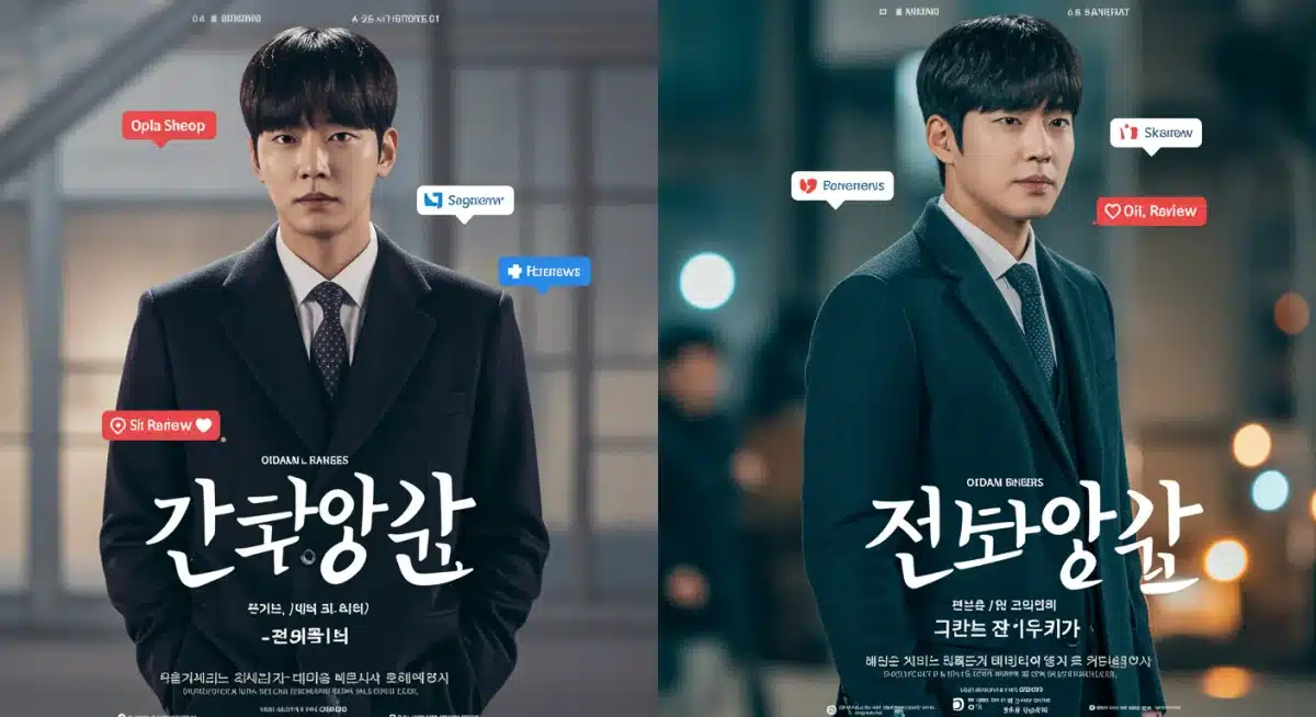 Comparison of two K-Drama posters with associated viral review metrics and social media engagement symbols.