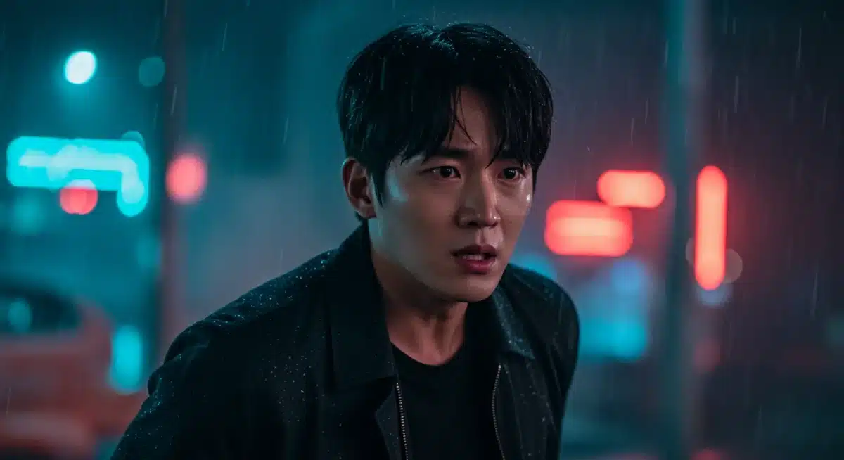 Protagonist in a tense urban chase scene from a K-drama, conveying urgency and suspense.