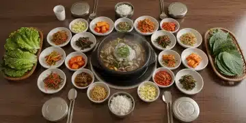 Korean banchan spread on a traditional dining table, showcasing a variety of vibrant small dishes.