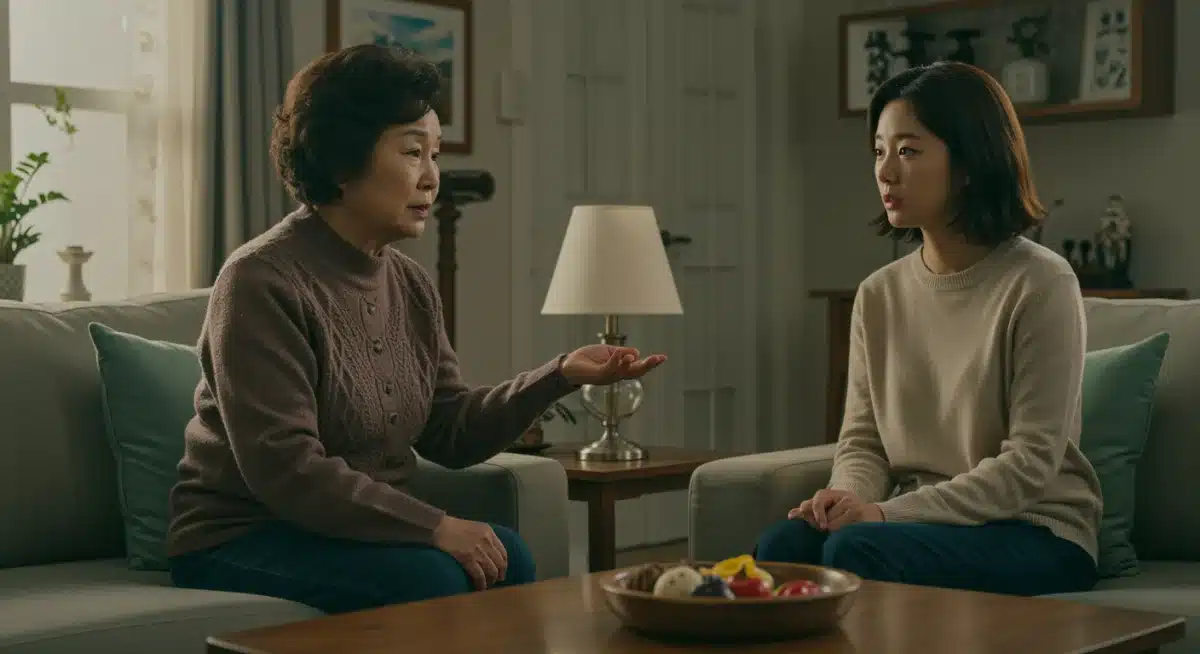 Grandmother advising granddaughter in a modern Korean drama scene, depicting intergenerational support.