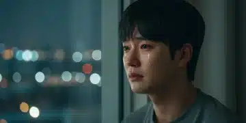 A character expressing deep sorrow and introspection in a Korean drama scene