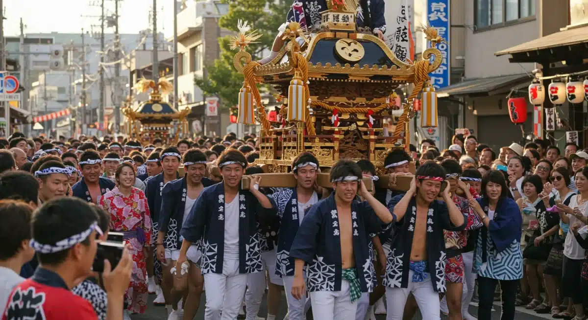 Young people carrying a mikoshi during a lively Japanese Matsuri