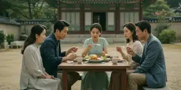 Modern Korean family embracing traditional values in a contemporary setting