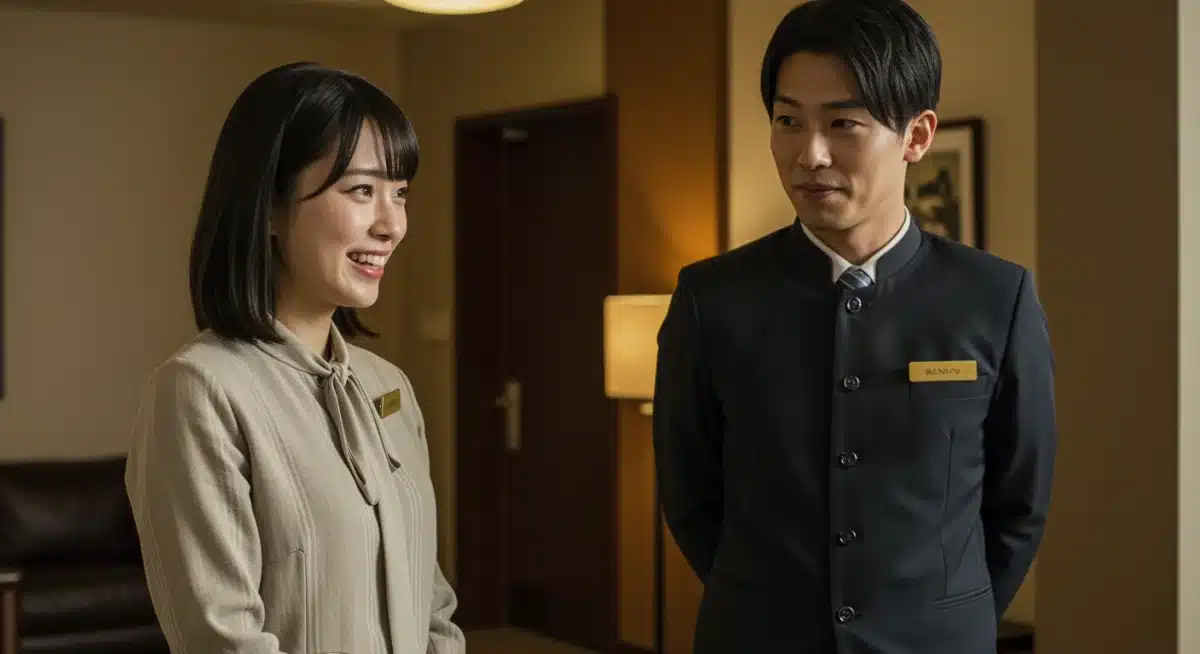 Hotel concierge offering exceptional service, embodying modern Omotenashi in a Japanese drama.