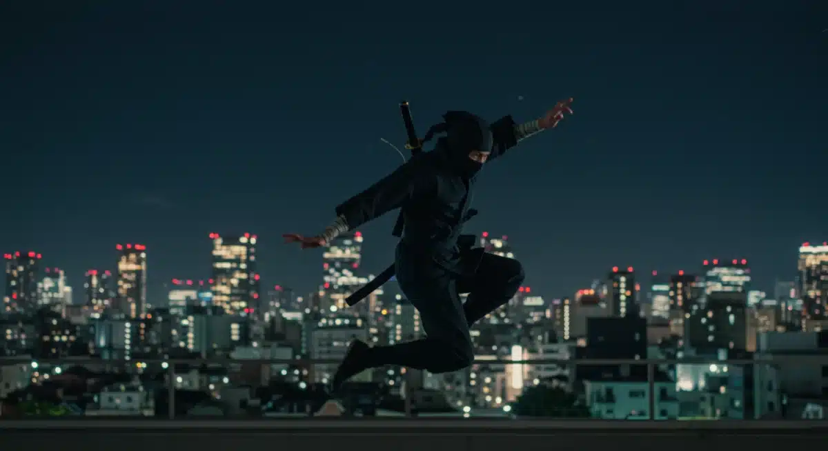 Ninja performing acrobatic move in modern Tokyo cityscape, illustrating dynamic martial arts.